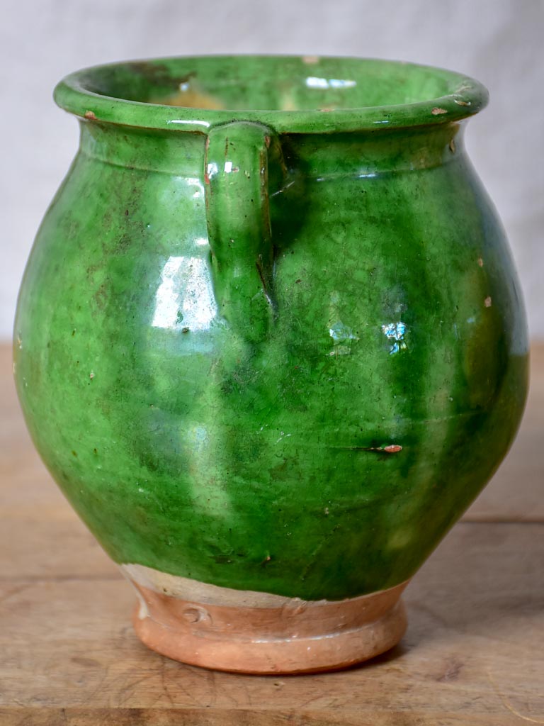 Very small antique French confit pot with green glaze 5½"