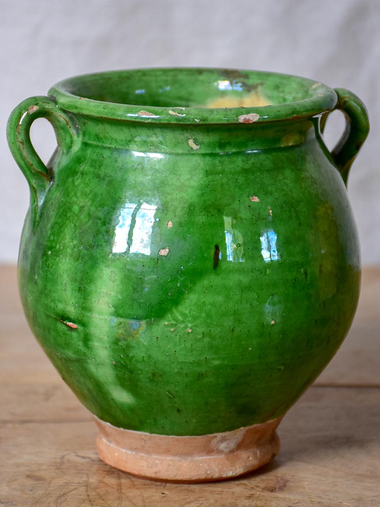 Very small antique French confit pot with green glaze 5½"