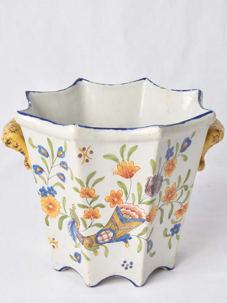 Antique cachepot - yellow & blue 8¼"