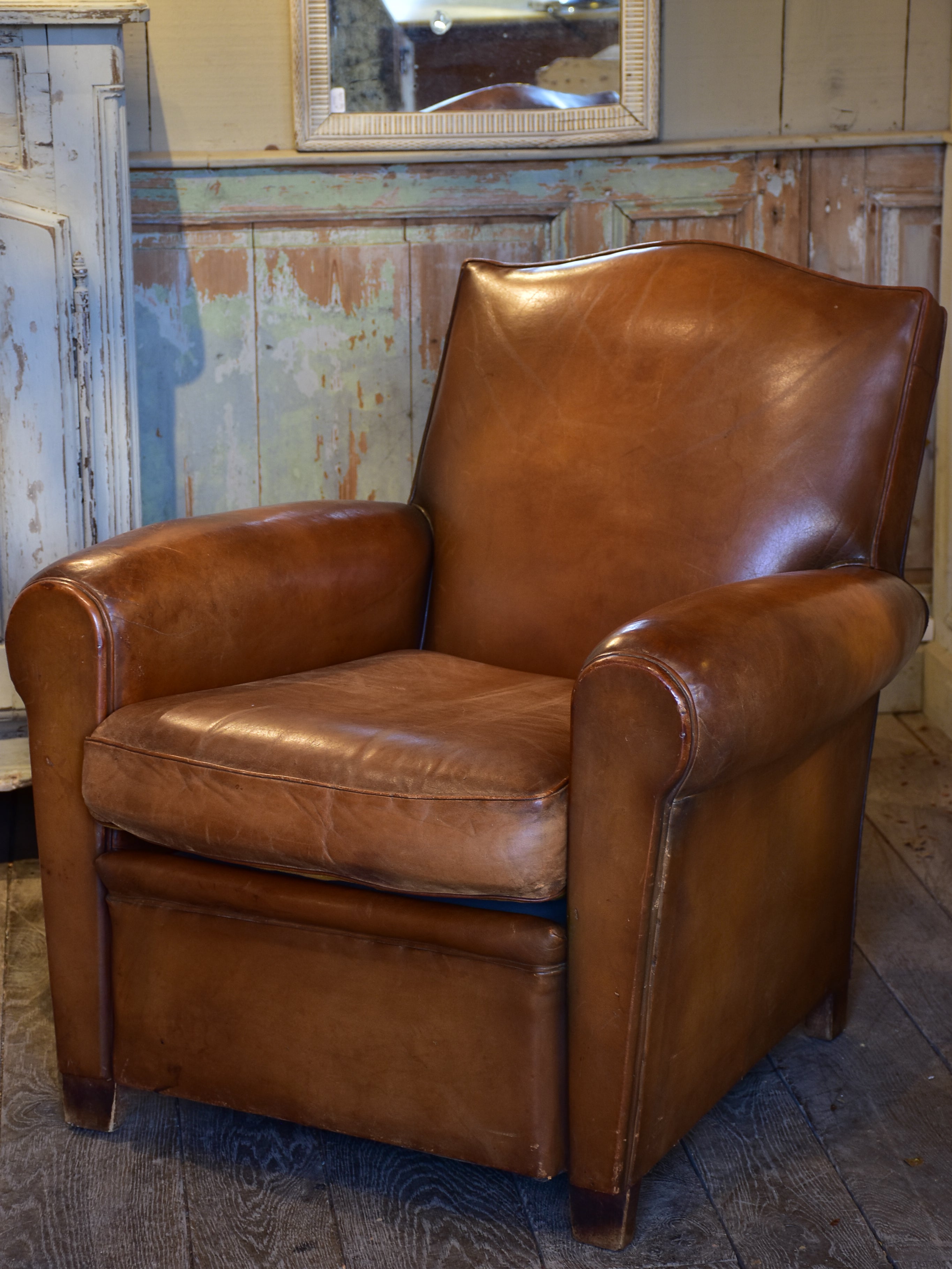 Vintage French leather club chair in original condition