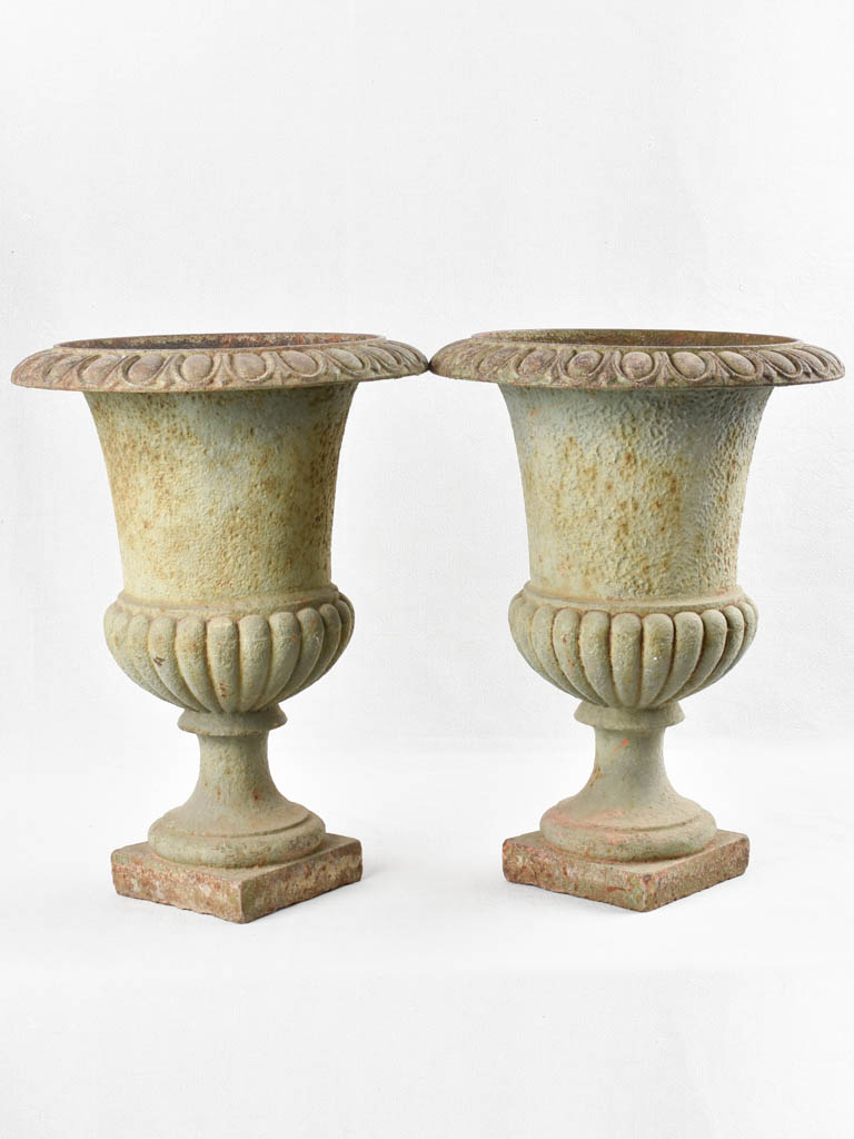 Pair of antique Medici urns - sage green patina 19¾