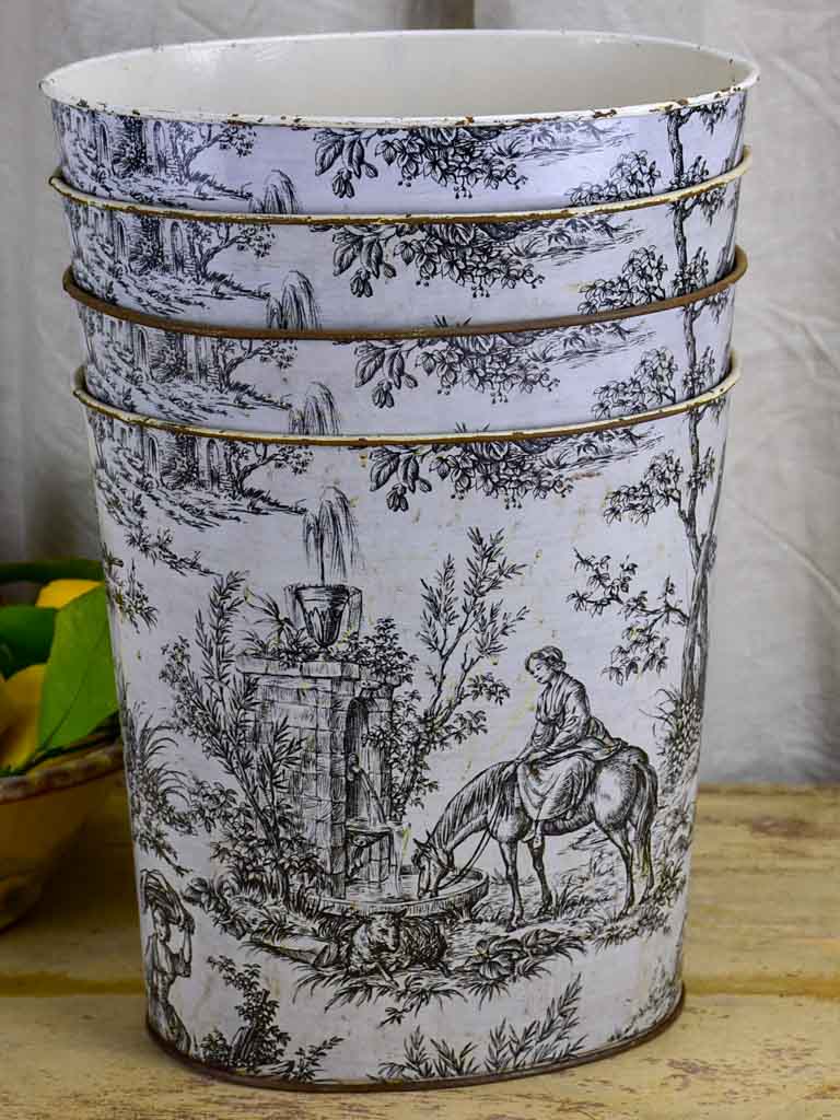 Vintage French waste paper basket - Toile de Jouy