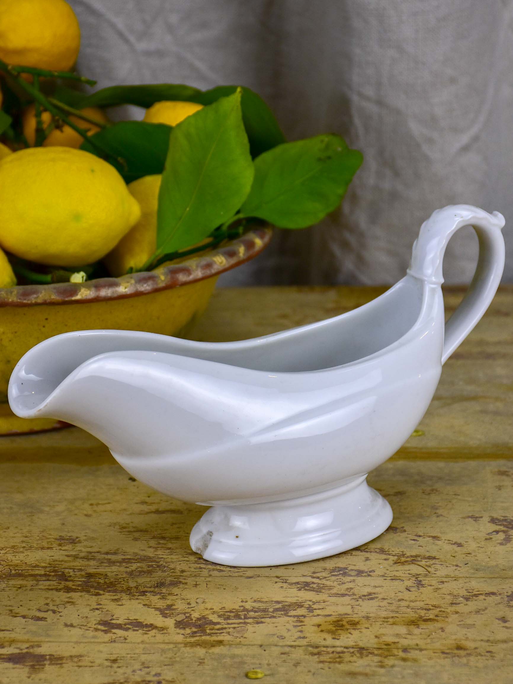 Antique French stoneware gravy boat - white