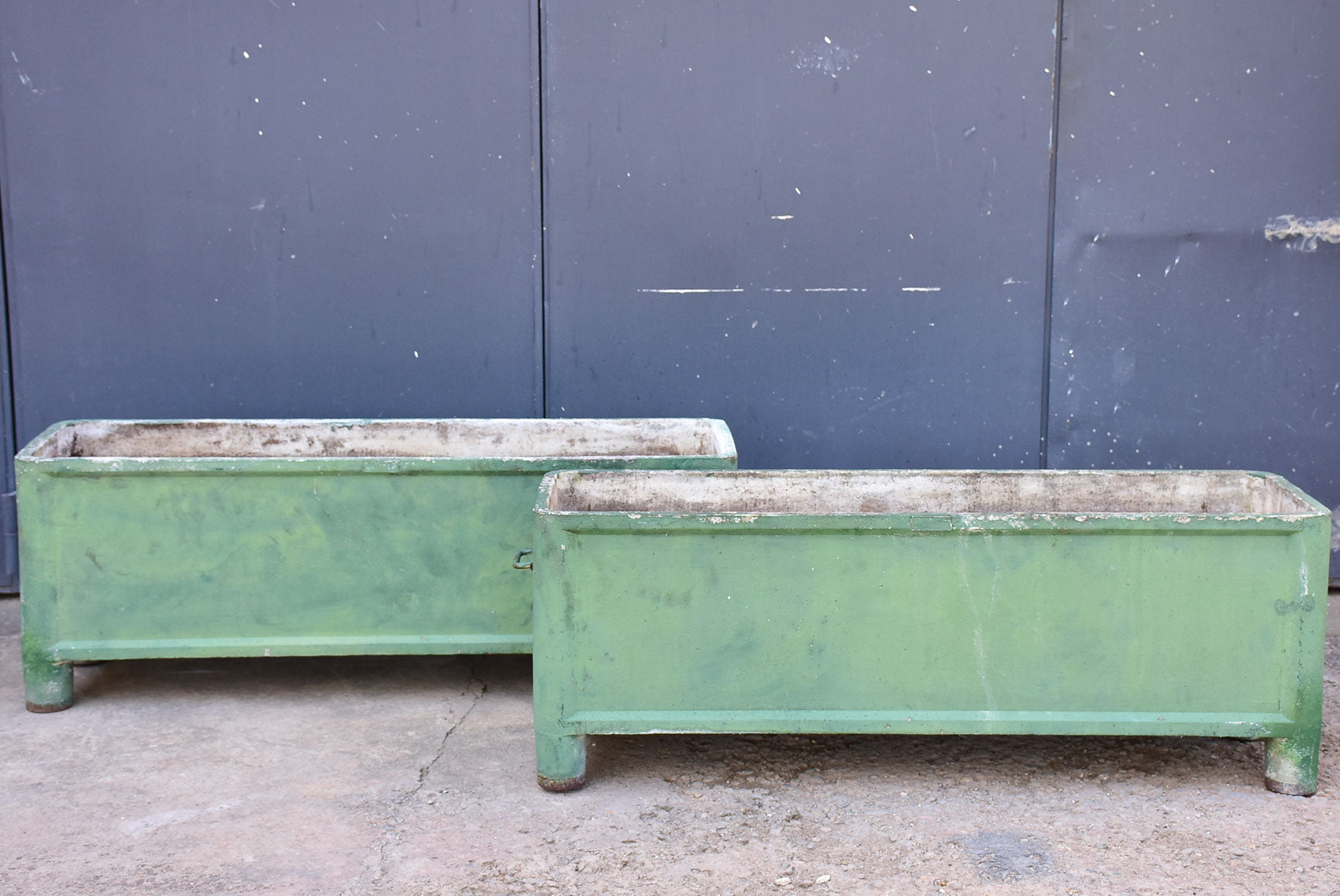 Pair of mid-century French rectangular garden planters / window boxes - green patina