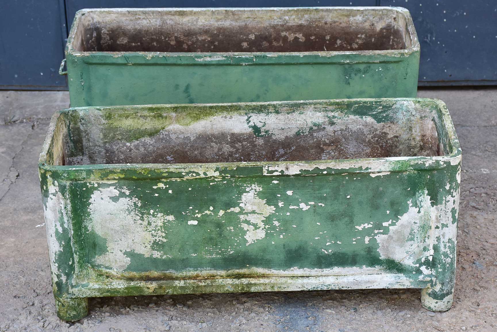 Pair of mid-century French rectangular garden planters / window boxes - dark green patina