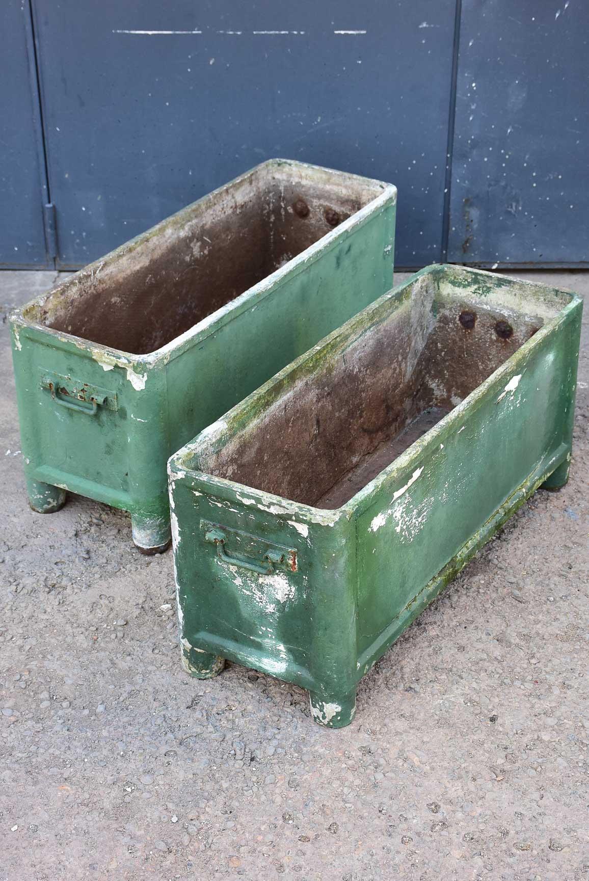 Pair of mid-century French rectangular garden planters / window boxes - dark green patina