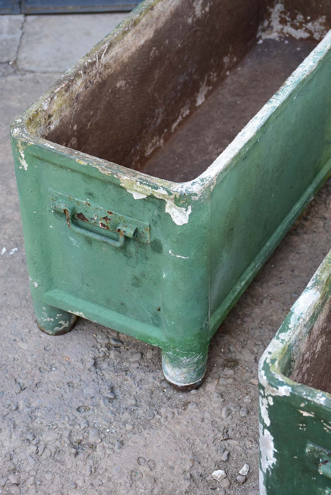 Pair of mid-century French rectangular garden planters / window boxes - dark green patina