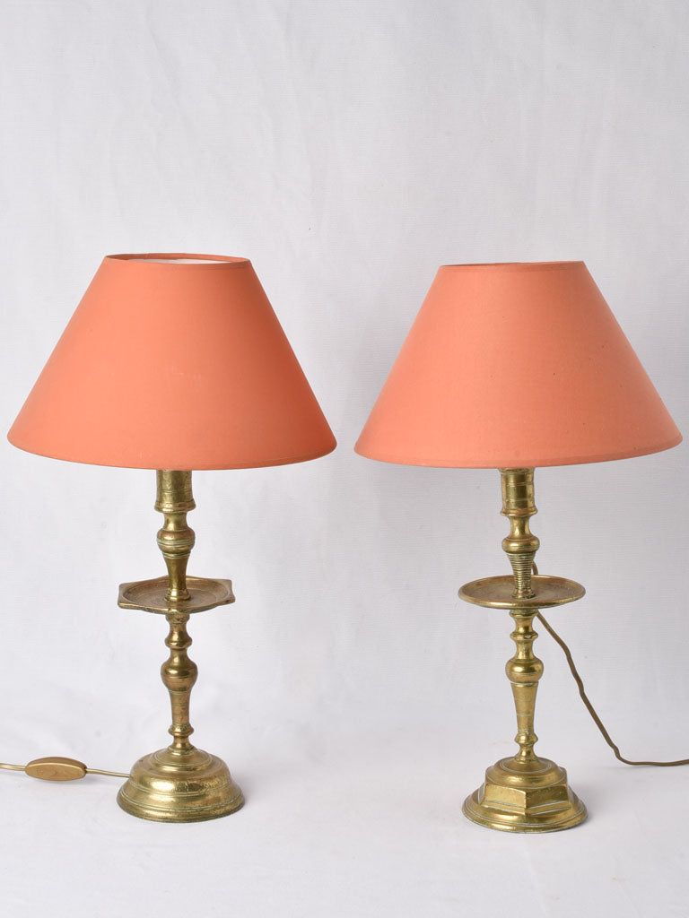 Two small bronze table lamps w/ red shades 19¾"