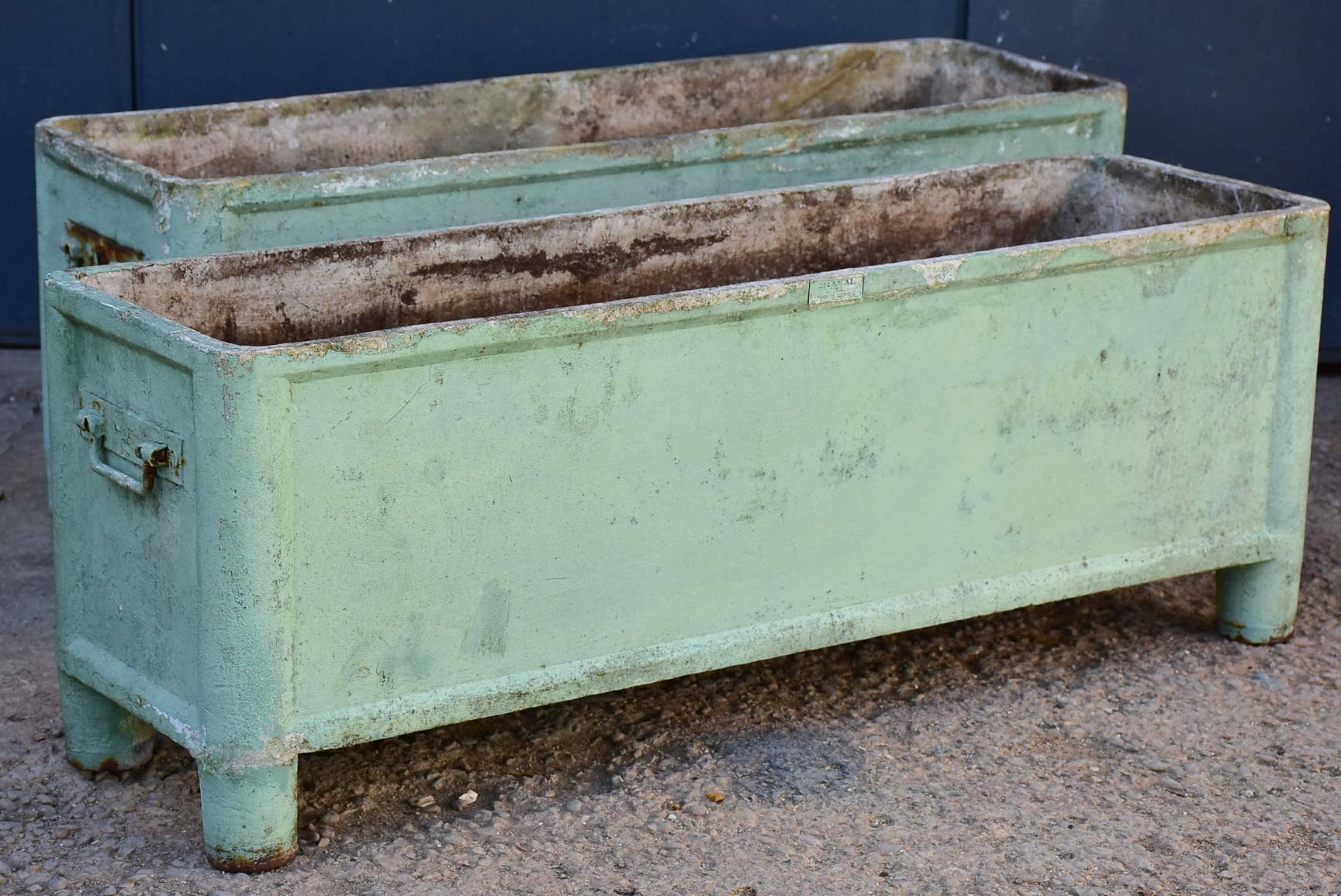 Pair of mid-century French rectangular garden planters / window boxes - Chanal Paris - sage patina