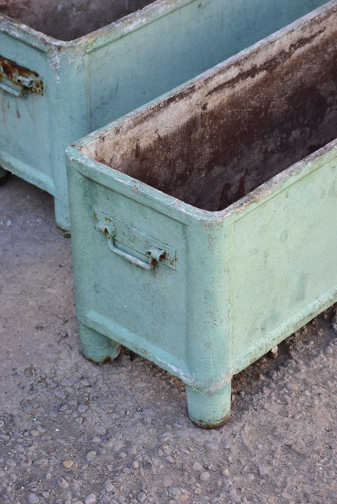 Pair of mid-century French rectangular garden planters / window boxes - Chanal Paris - sage patina