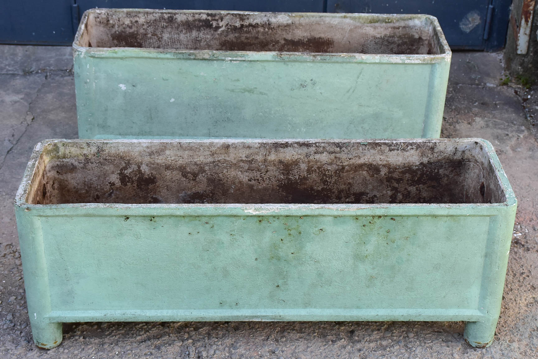 Pair of mid-century French rectangular garden planters / window boxes - Chanal Paris - sage patina