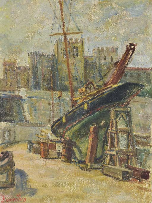 Late 19th century French oil on canvas - boat in a port 13" x 18"