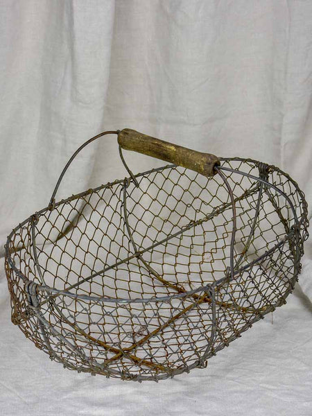 Large antique French harvest basket - wire with wooden handle