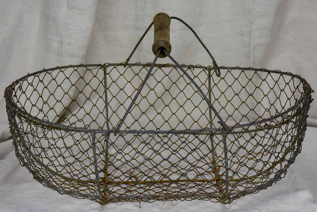 Large antique French harvest basket - wire with wooden handle