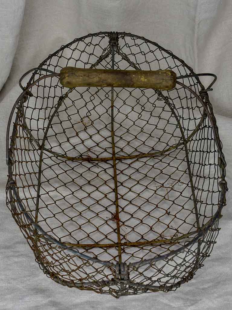 Large antique French harvest basket - wire with wooden handle