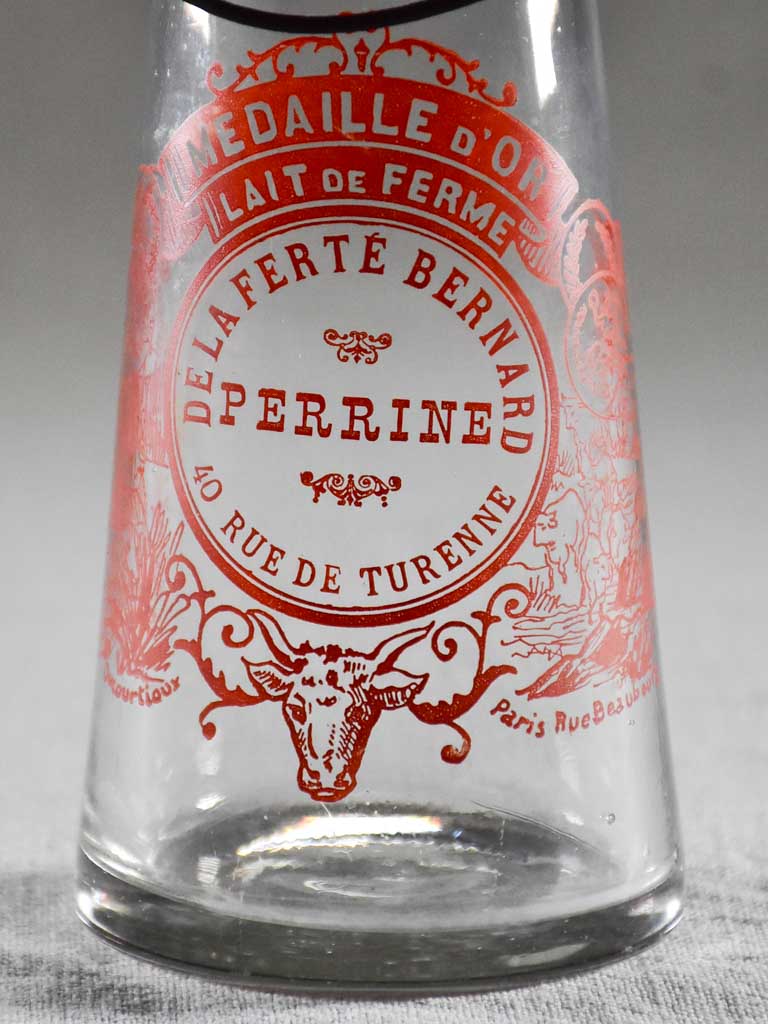 Antique French milk bottle with red transfer label 9¾"