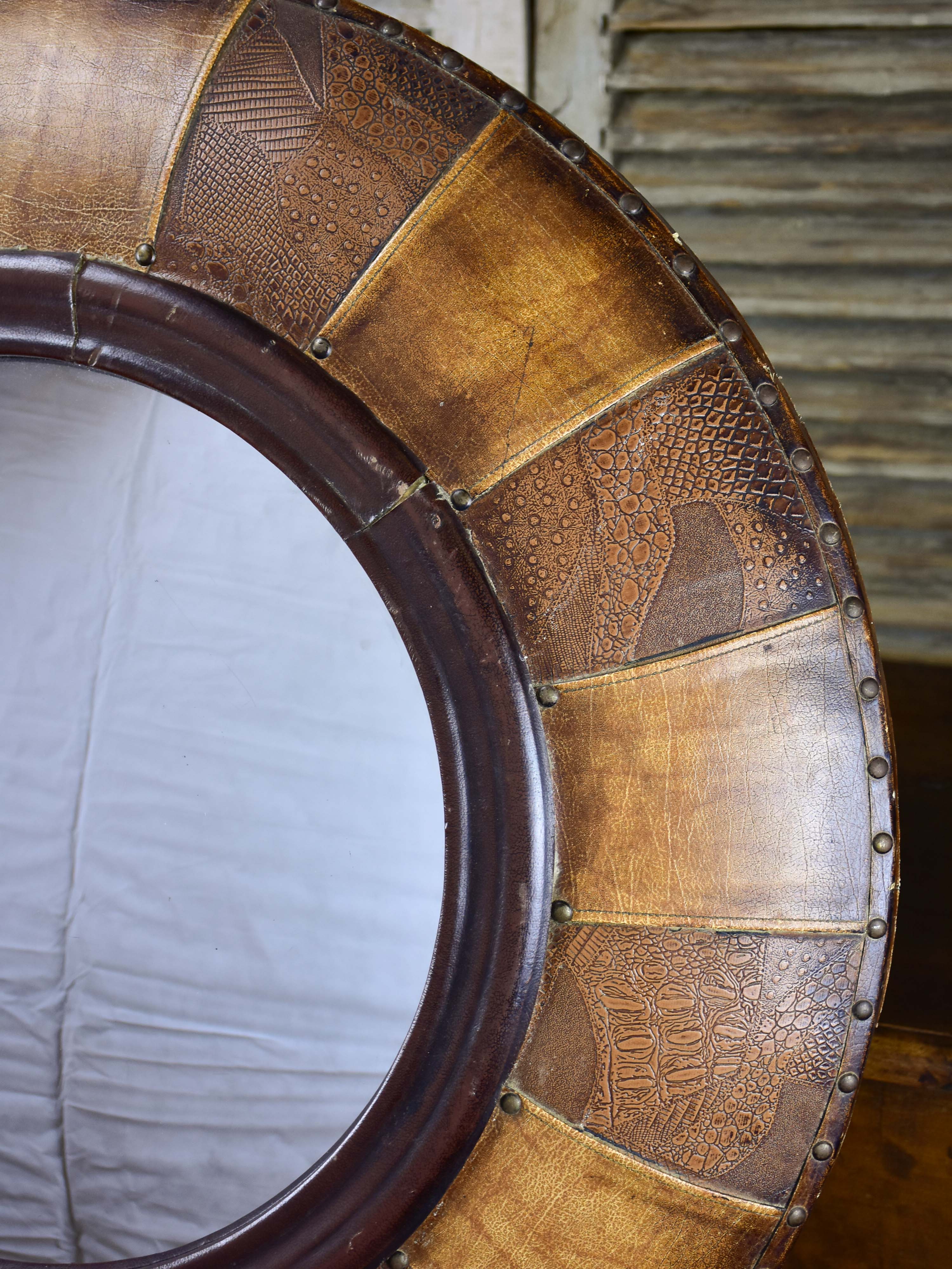 Very large round vintage mirror with leather frame 34 ¾'' diameter