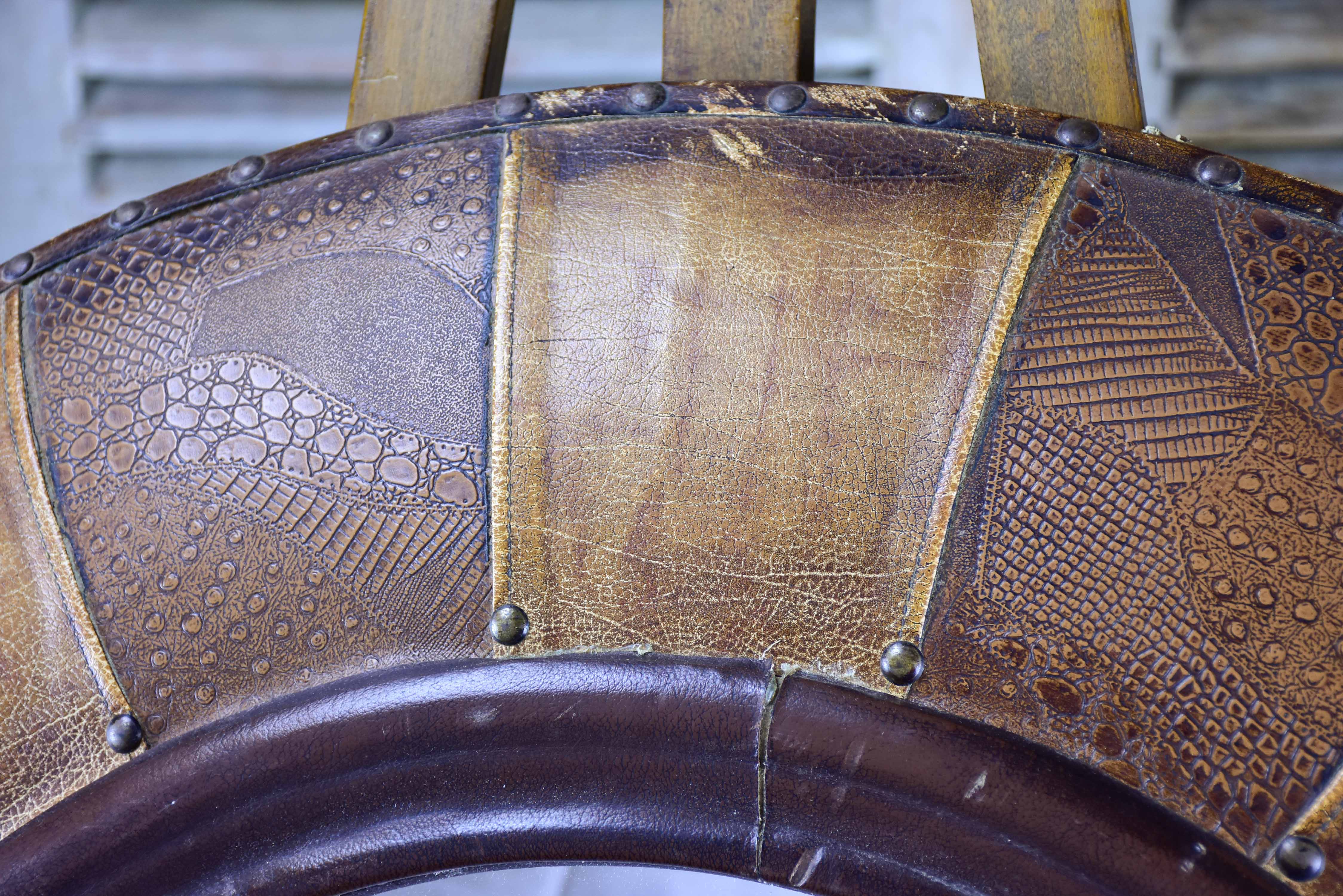 Very large round vintage mirror with leather frame 34 ¾'' diameter