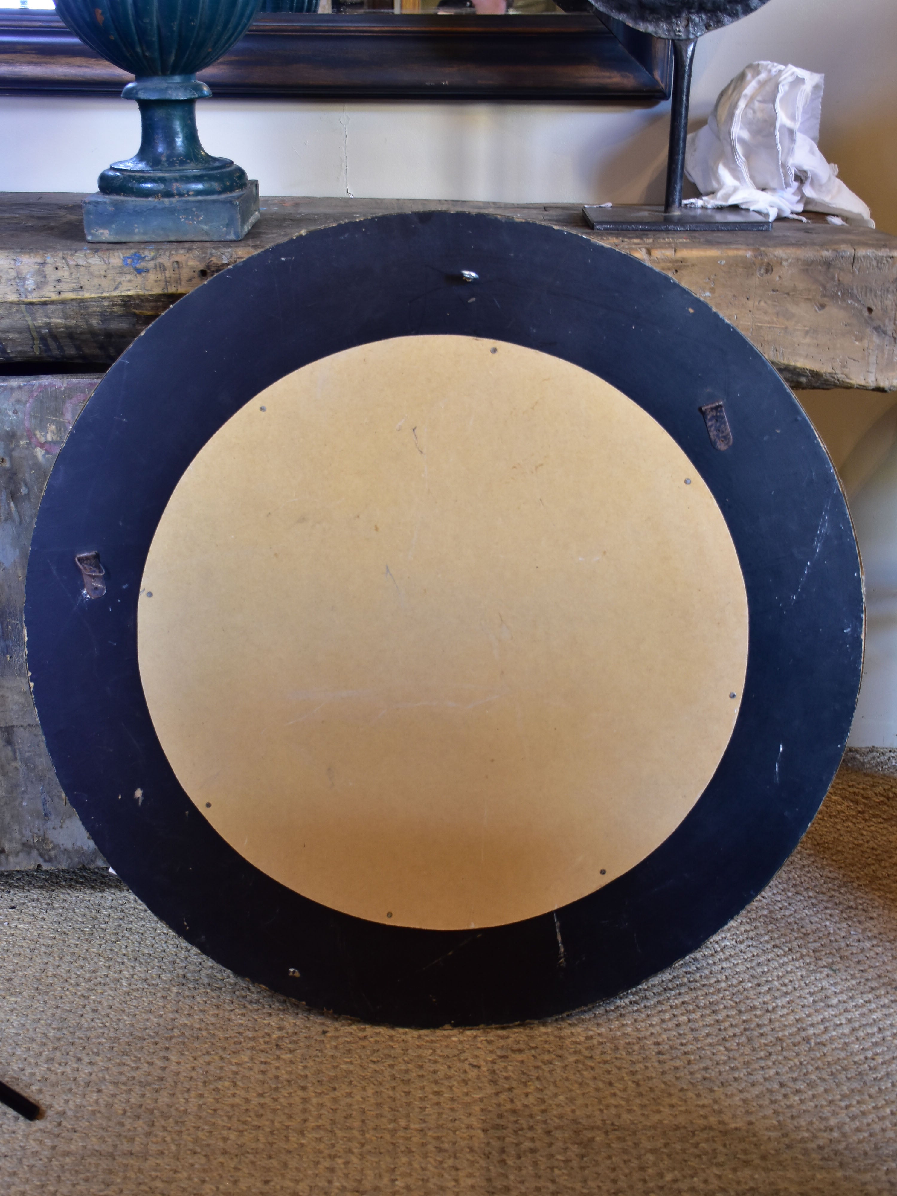 Very large round vintage mirror with leather frame 34 ¾'' diameter