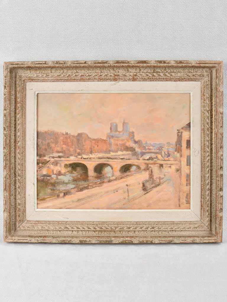 Vintage Parisian landscape oil painting w/ Notre Dame Cathedral - 15¾" x 18½"