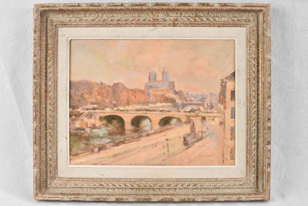 Vintage Parisian landscape oil painting w/ Notre Dame Cathedral - 15¾" x 18½"