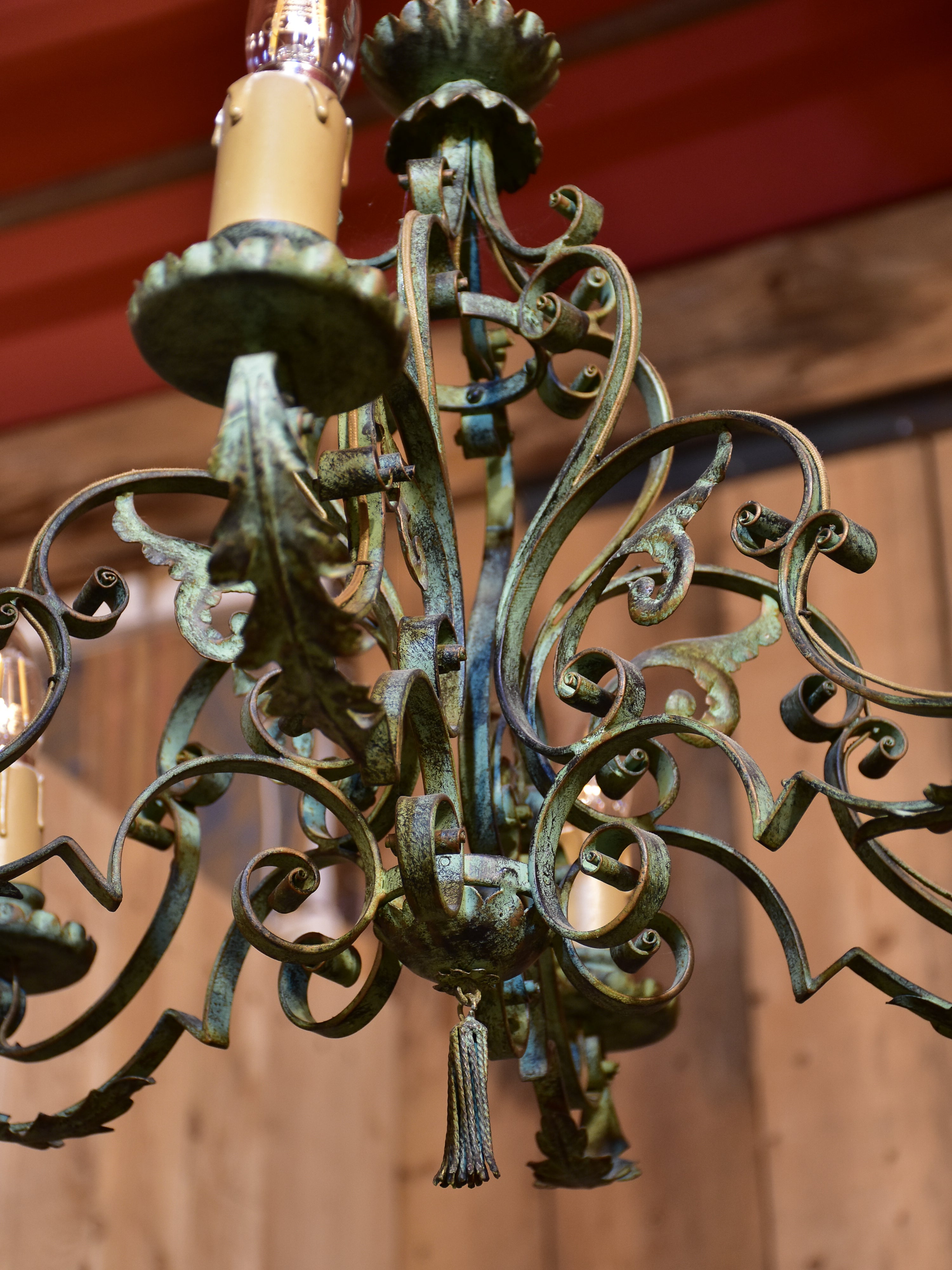 Antique French chandelier with green patina