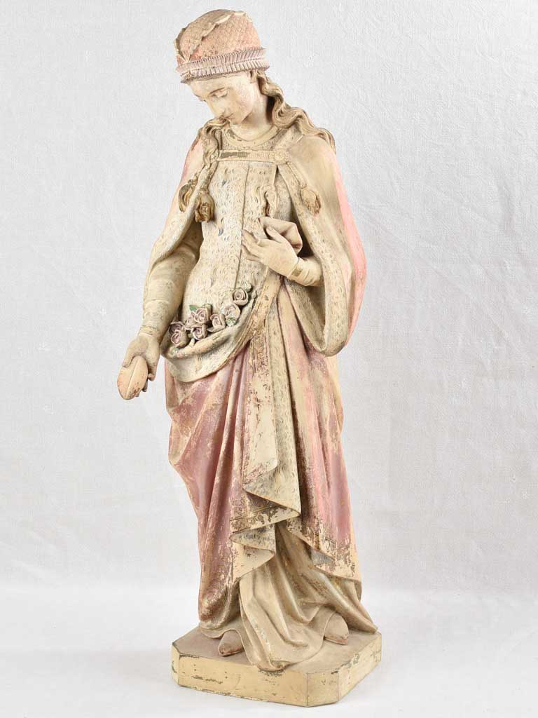 19th century Religious terracotta statue - Saint Elizabeth (?) with roses & bread - 39½"