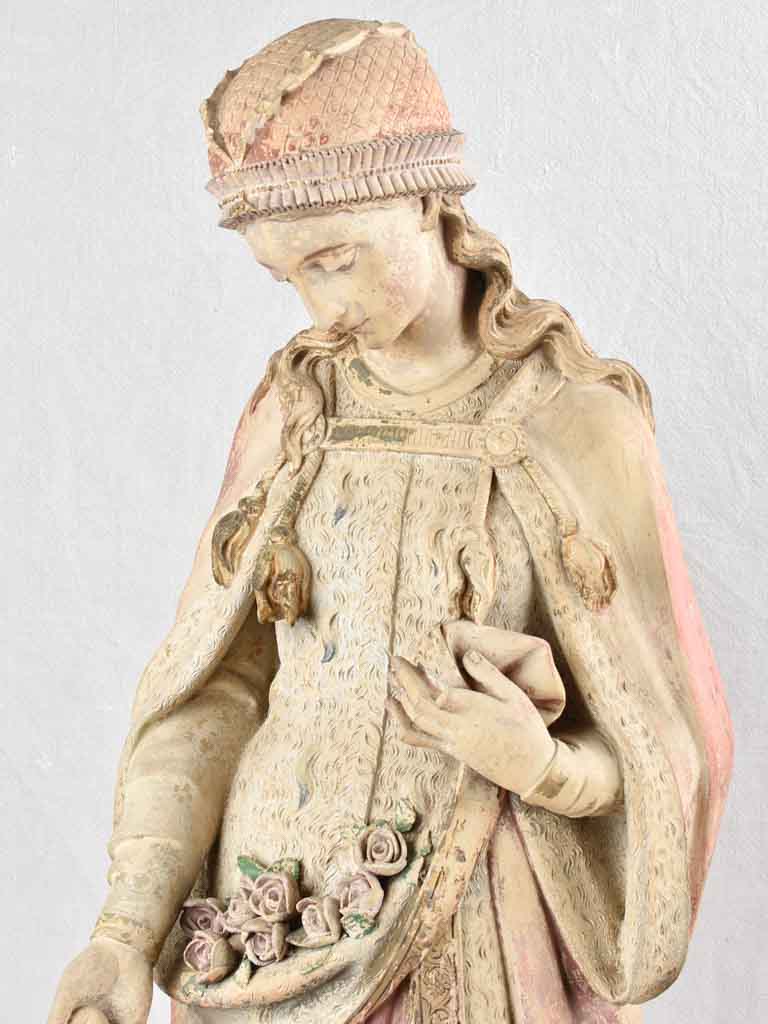 19th century Religious terracotta statue - Saint Elizabeth (?) with roses & bread - 39½"