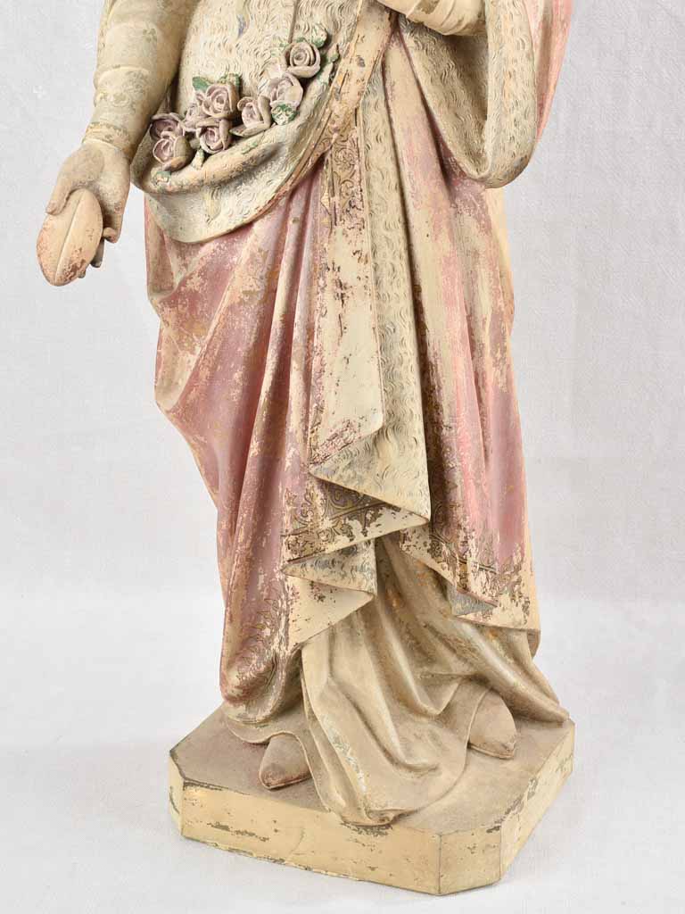 19th century Religious terracotta statue - Saint Elizabeth (?) with roses & bread - 39½"