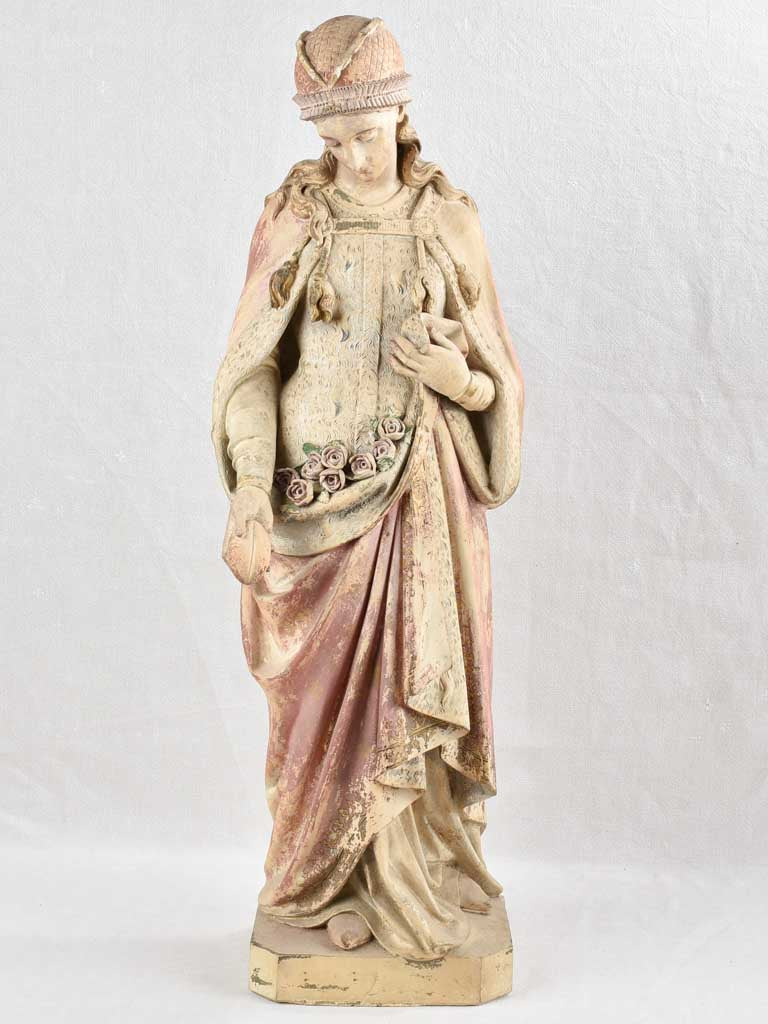 19th century Religious terracotta statue - Saint Elizabeth (?) with roses & bread - 39½"