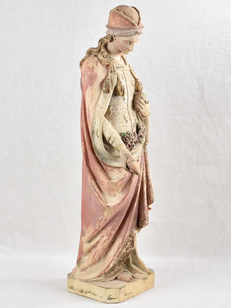 19th century Religious terracotta statue - Saint Elizabeth (?) with roses & bread - 39½"