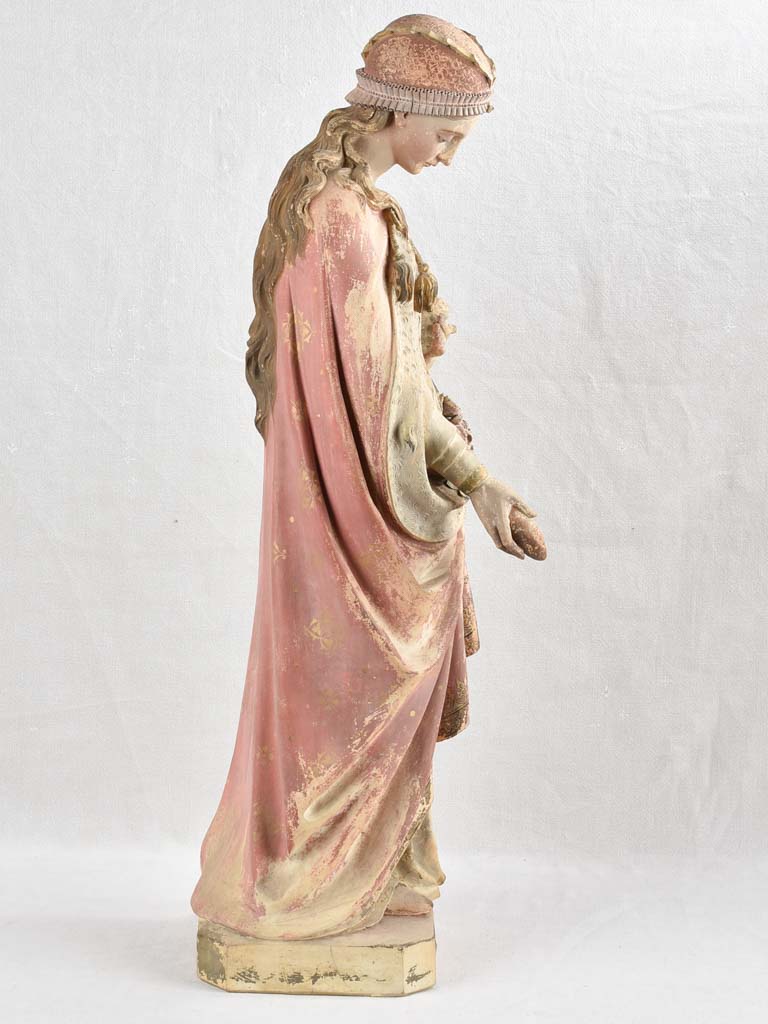 19th century Religious terracotta statue - Saint Elizabeth (?) with roses & bread - 39½"