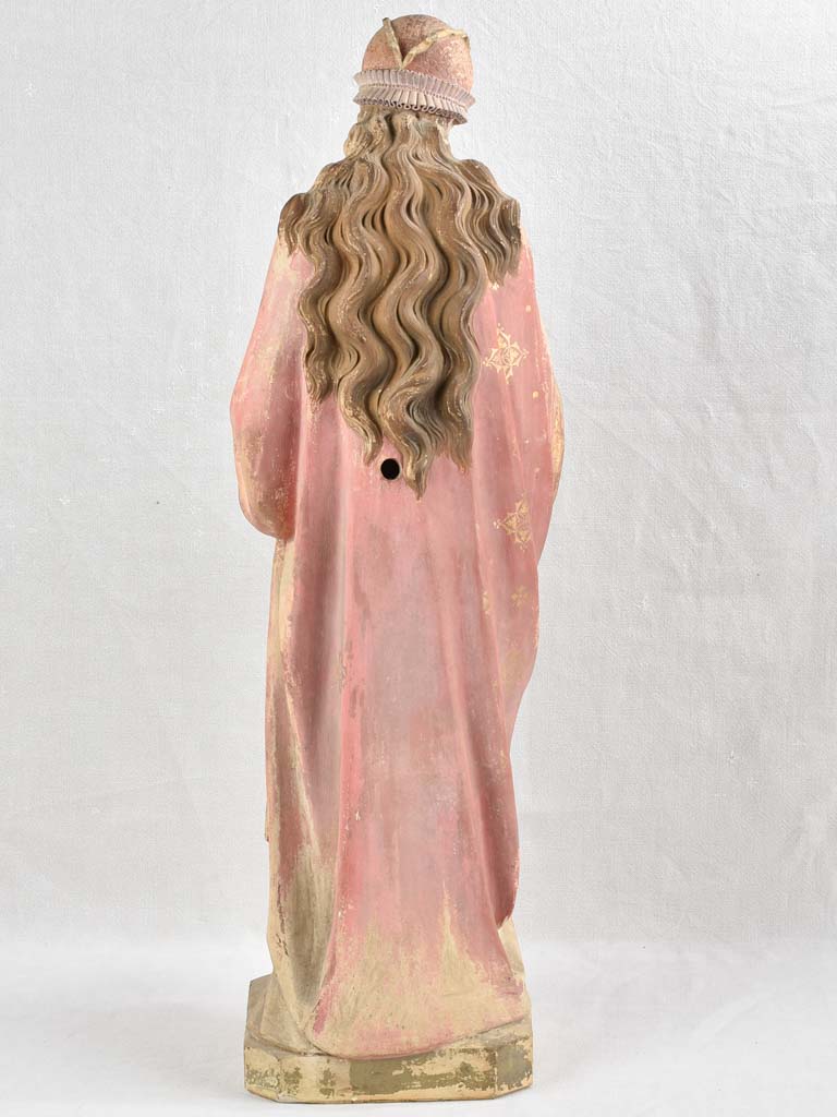 19th century Religious terracotta statue - Saint Elizabeth (?) with roses & bread - 39½"