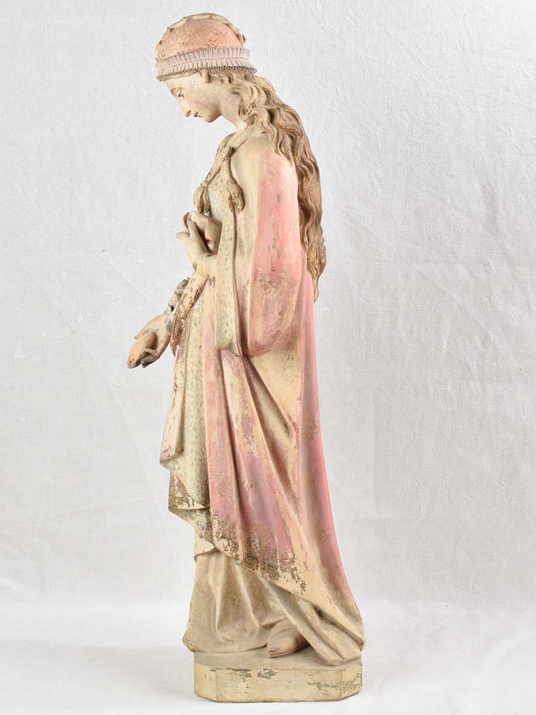 19th century Religious terracotta statue - Saint Elizabeth (?) with roses & bread - 39½"