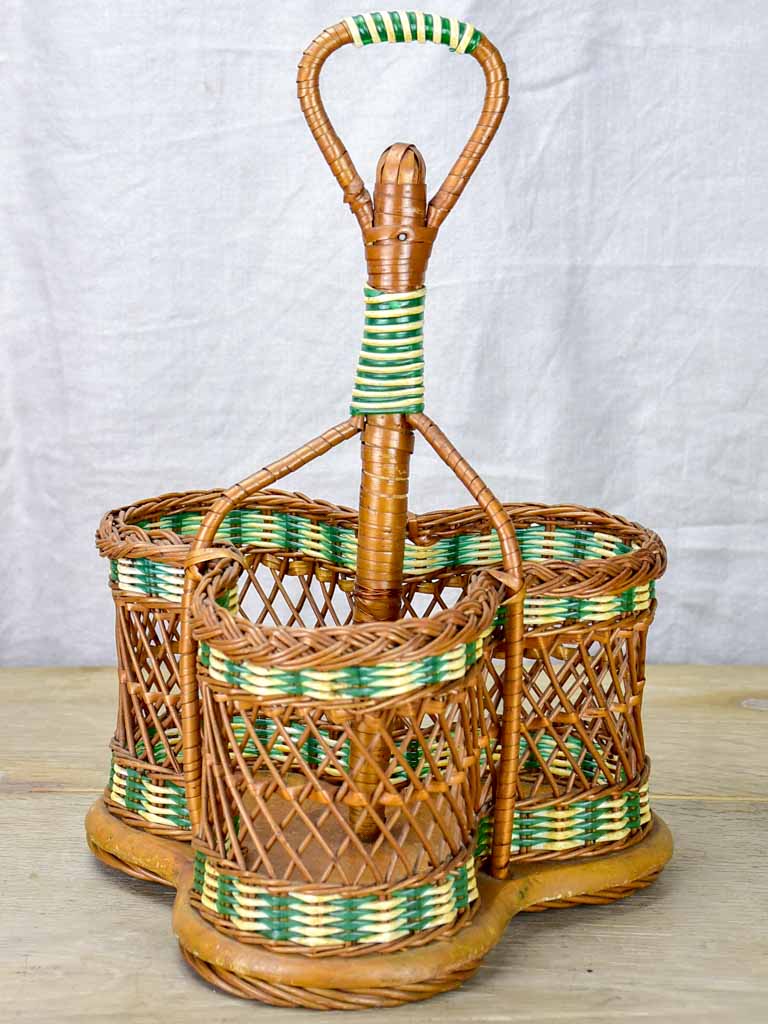 Mid century French wicker bottle carrier - three bottles