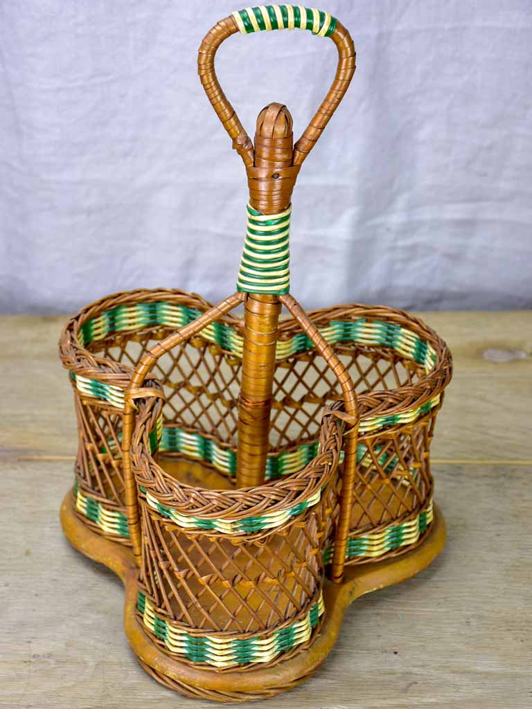 Mid century French wicker bottle carrier - three bottles