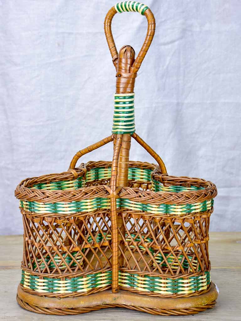 Mid century French wicker bottle carrier - three bottles