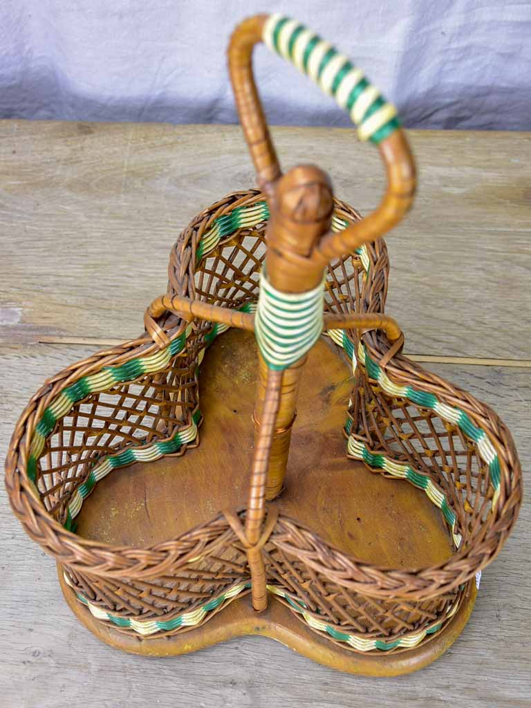 Mid century French wicker bottle carrier - three bottles