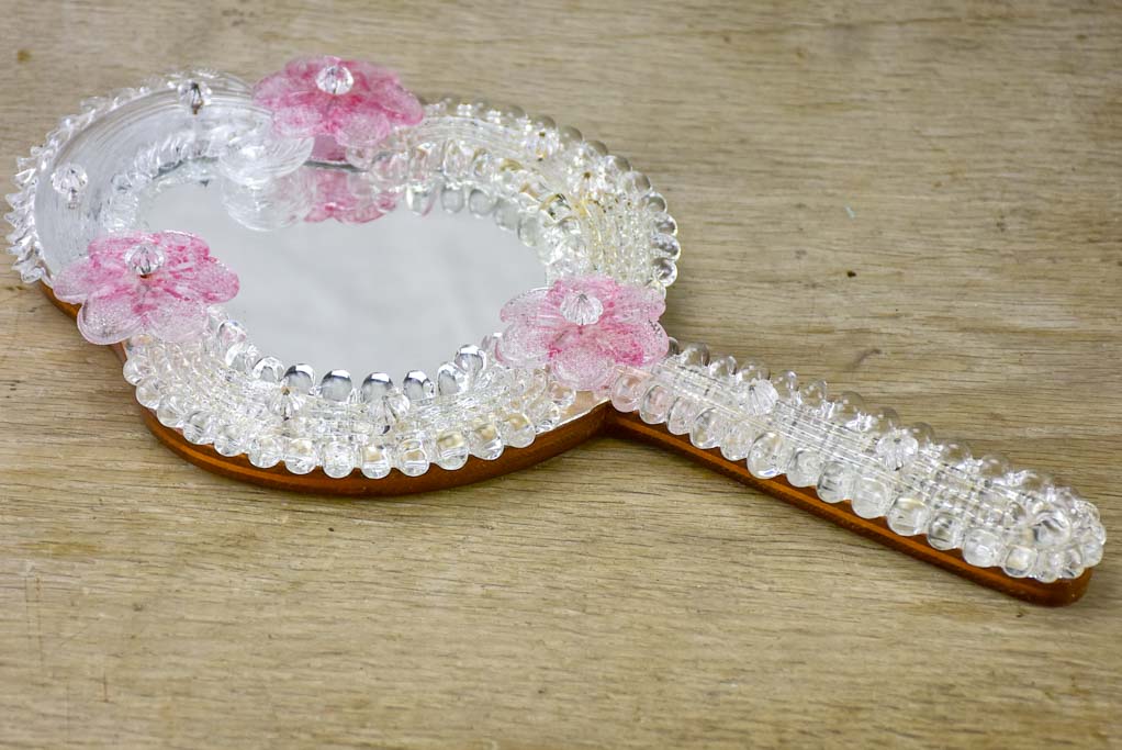 Vintage Venetian-style hand mirror with pink flowers