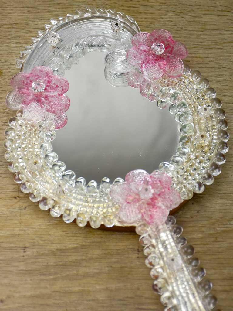 Vintage Venetian-style hand mirror with pink flowers