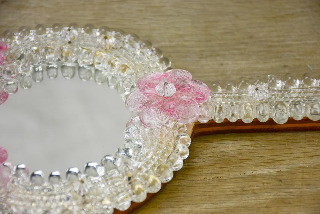 Vintage Venetian-style hand mirror with pink flowers