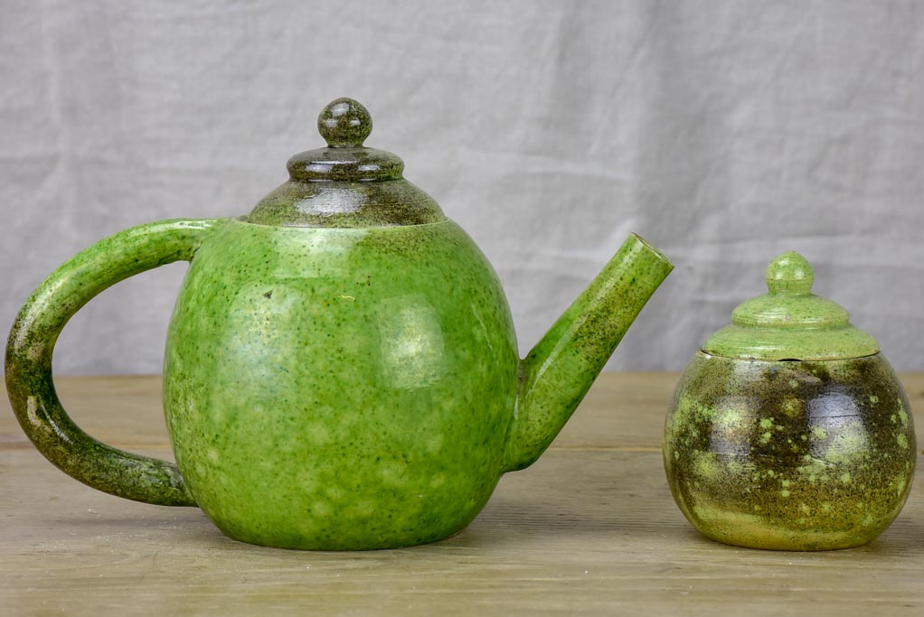 Mid century Atelier Madoura, Vallauris tea pot and sugar bowl with green glaze. (Picasso's studio)