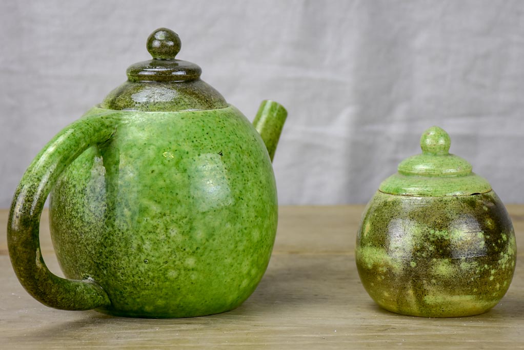 Mid century Atelier Madoura, Vallauris tea pot and sugar bowl with green glaze. (Picasso's studio)