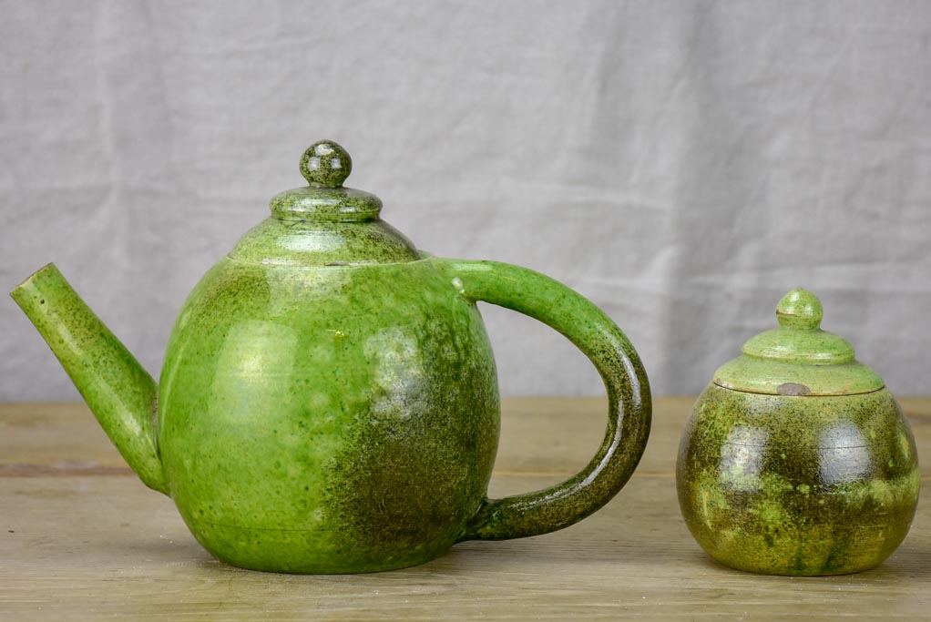 Mid century Atelier Madoura, Vallauris tea pot and sugar bowl with green glaze. (Picasso's studio)