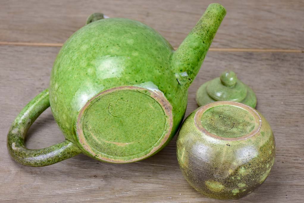 Mid century Atelier Madoura, Vallauris tea pot and sugar bowl with green glaze. (Picasso's studio)