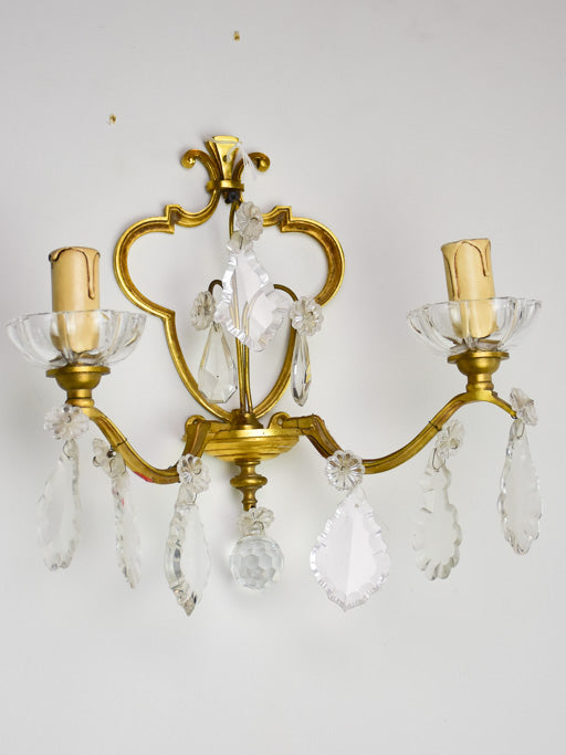 Pair of vintage wall sconces with two lights and crystal pendants 11"