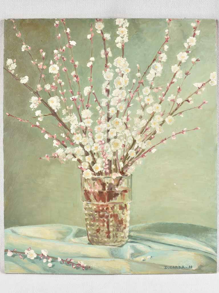 Vintage Floral still life painting with cherry blossom - Signed D.Carda - 21¾" x 18"