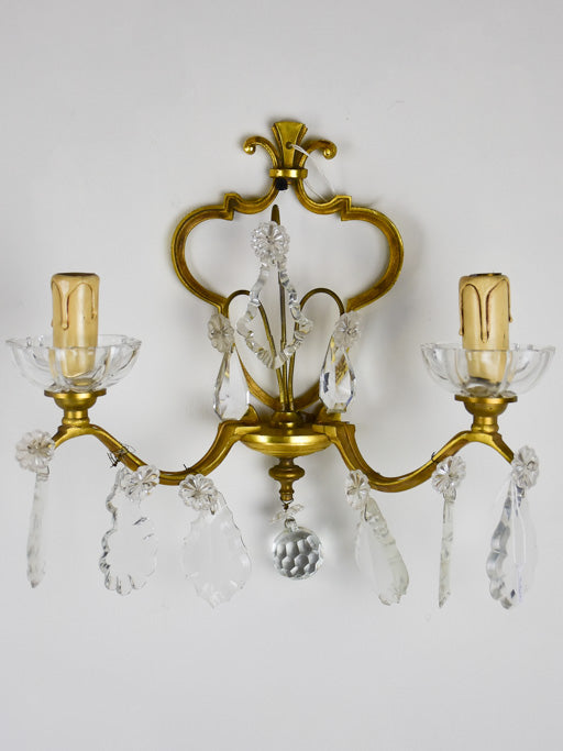 Pair of vintage wall sconces with two lights and crystal pendants 11"