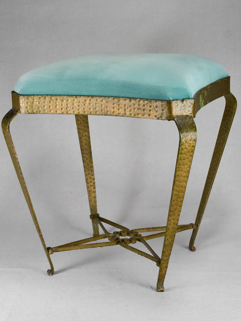 Vintage Italian stool with turquoise velvet upholstery - Luigi Colli 17¼"