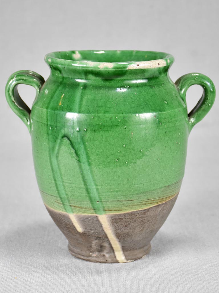 Small antique French confit pot with green glaze 7½"